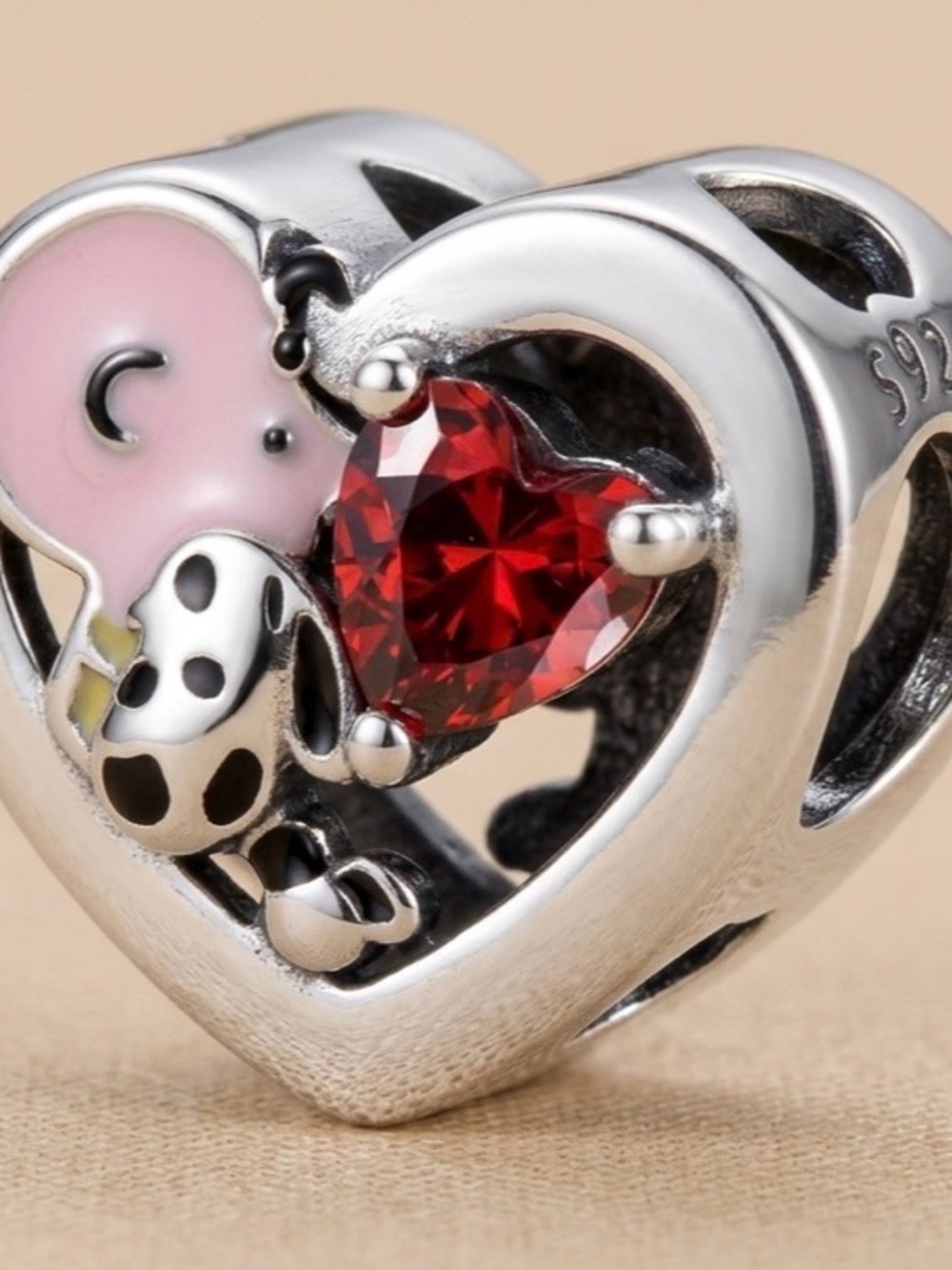 Sterling Silver Heart Charm with Red Heart Gem and Pink Elephant Accent